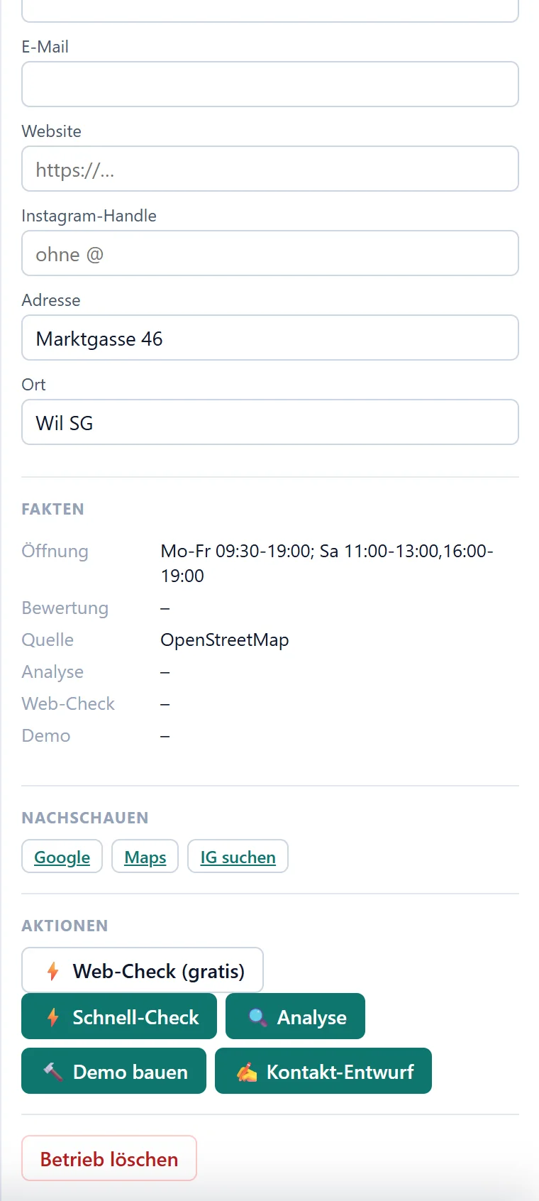 Unterer Teil des Detail-Panels: Kontaktfelder, Fakten aus OpenStreetMap, Nachschauen-Links und die Aktionen Web-Check, Schnell-Check, Analyse, Demo bauen, Kontakt-Entwurf