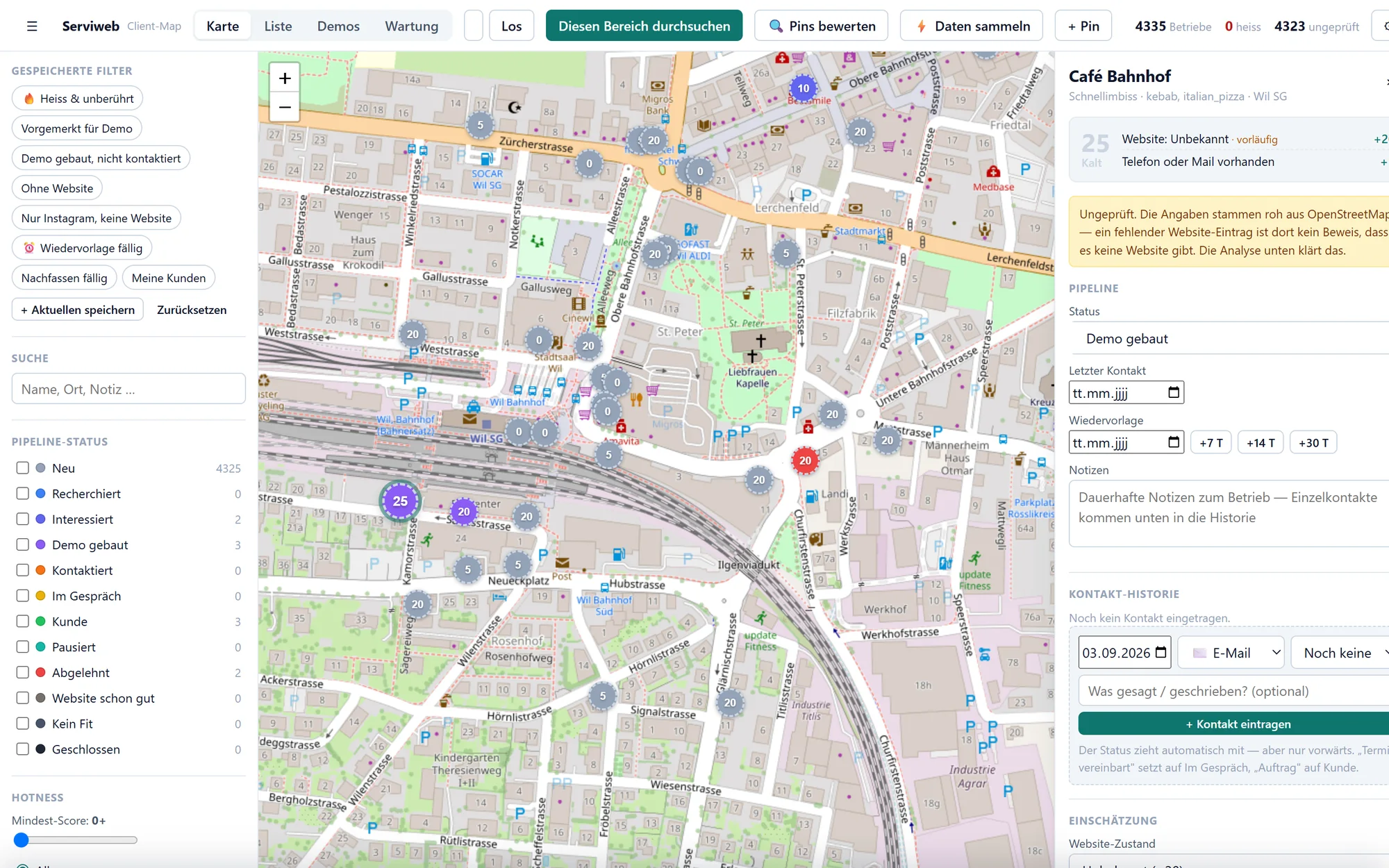 Altstadt Wil auf Strassenebene mit einzelnen Pins; rechts ein geöffneter Betrieb im Status Demo gebaut