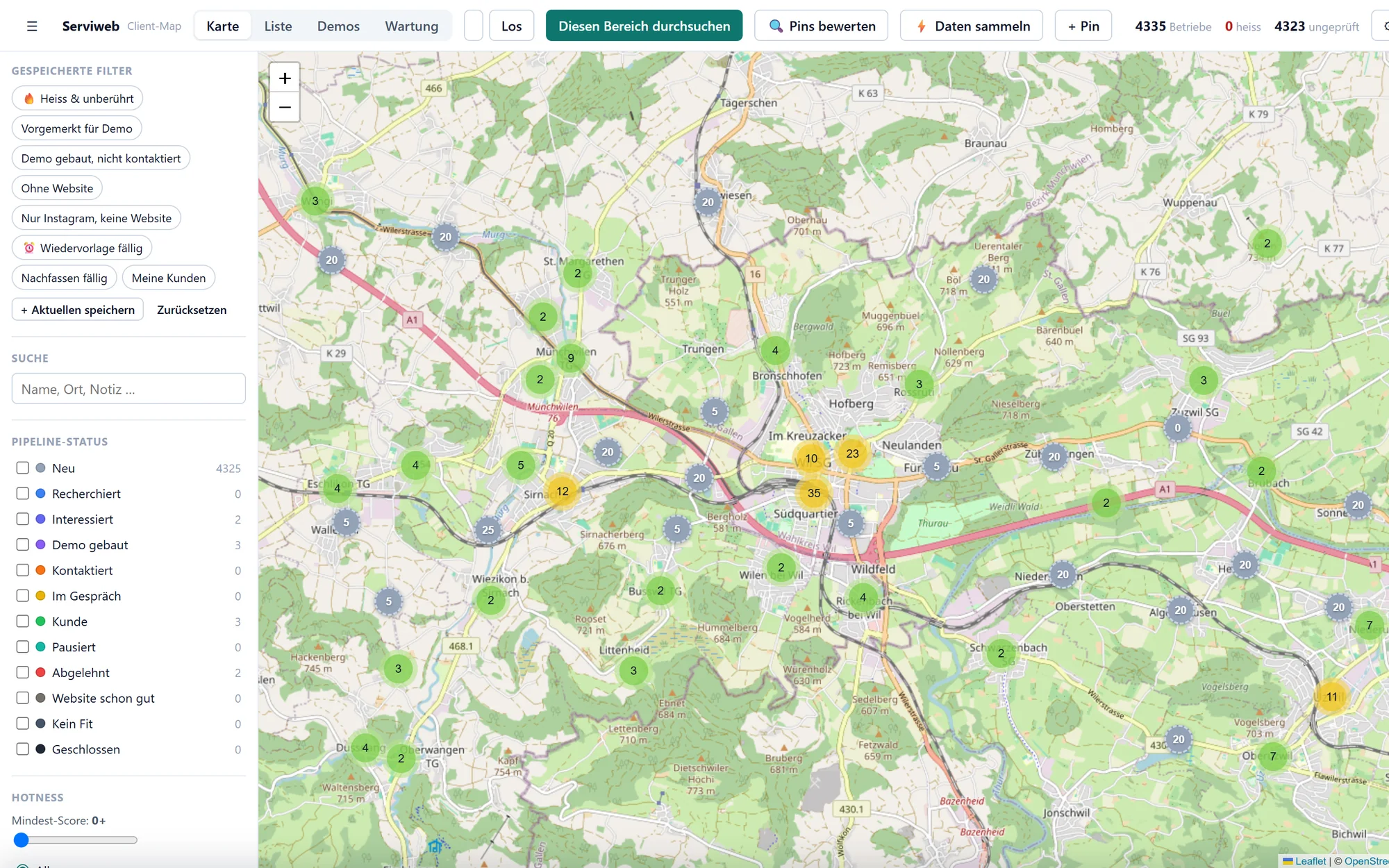 Kartenansicht der Region Wil mit Pin-Gruppen und gespeicherten Filtern